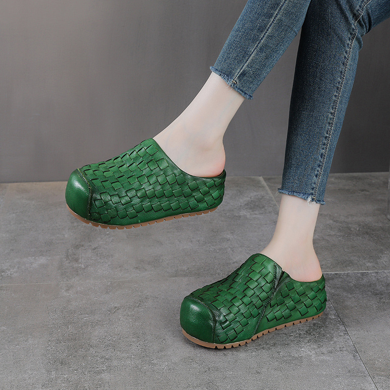 Sandal cao gót nữ da thật mũi nhọn đan thủ công, gót 9 cm — màu nâu