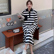 黑白条纹长袖polo连衣裙女春秋中长款宽松休闲2024新款慵懒卫衣裙