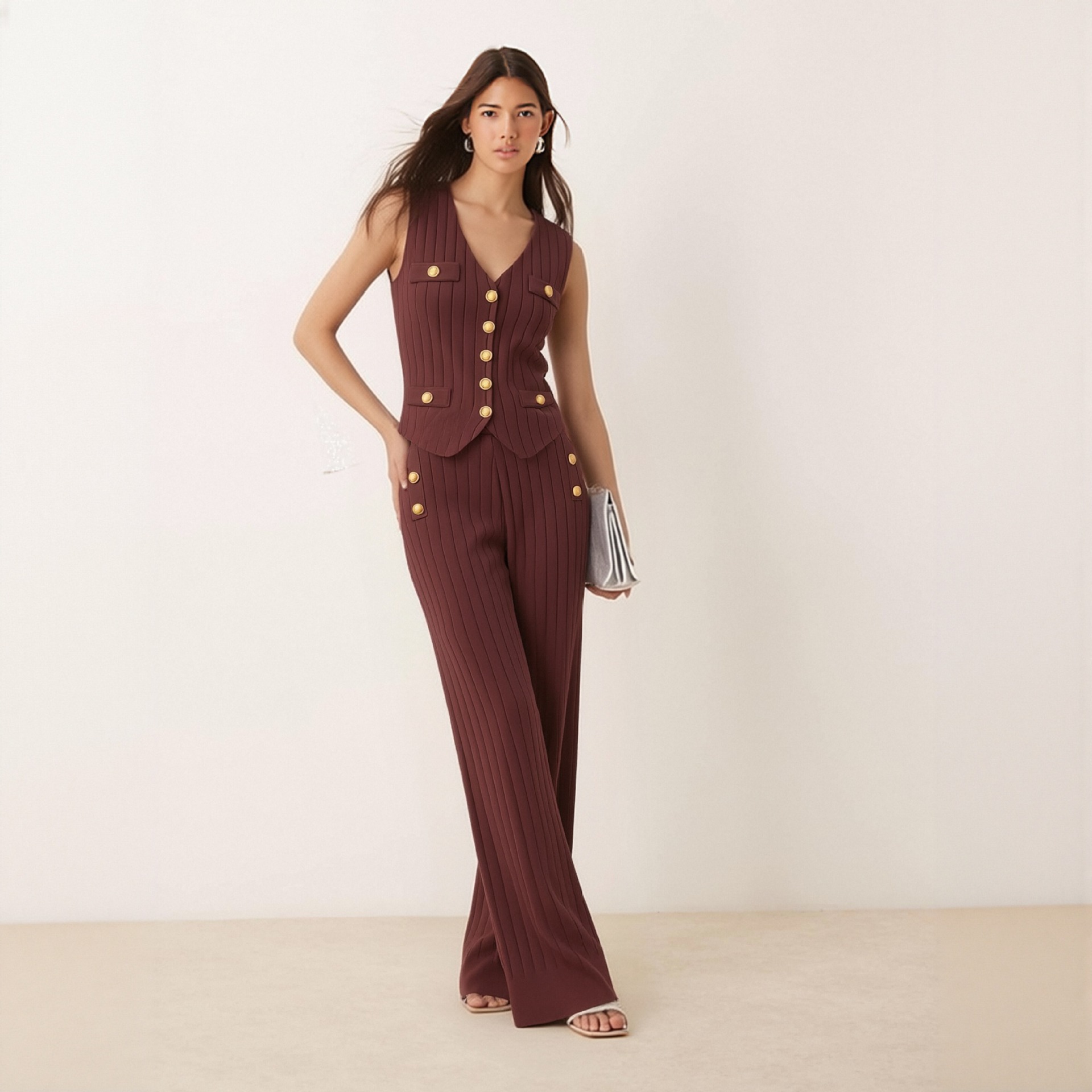 Women's Knitted Two-Piece Suit Fashionable Metal Buckle Woolen Top And Loose Wide Leg Pants High-End Pant Set_ecoleips.com