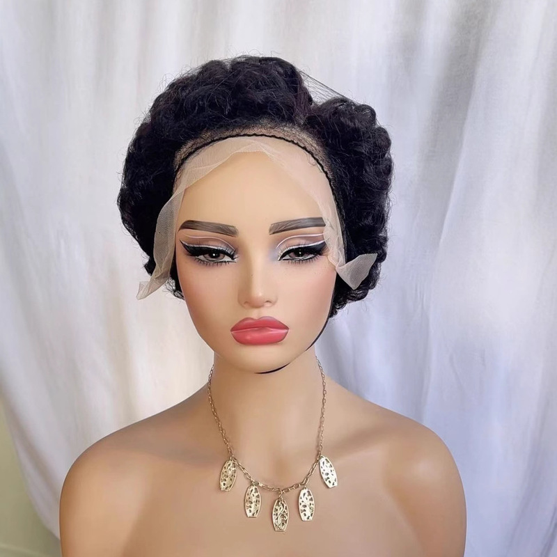 Europe and the United States cross-border full real hair wig headgear 13X4 front lace small roll African foreign trade short curly hair set