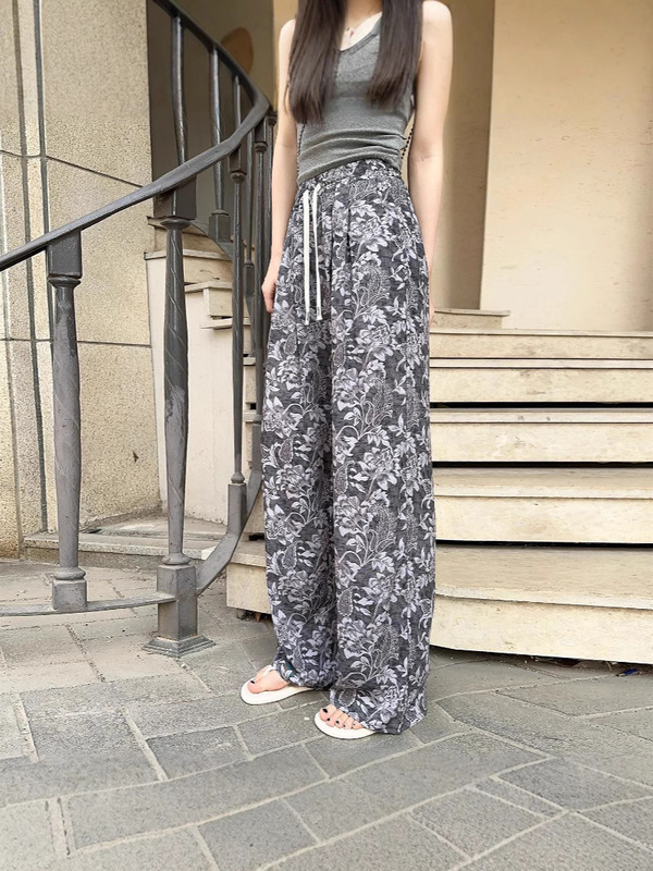 ハイエンドプリントハイウエスト薄い綿シルクワイドレッグパンツ女性の夏のドレープストレートルーズウエスト人工綿カジュアルパンツ|undefined