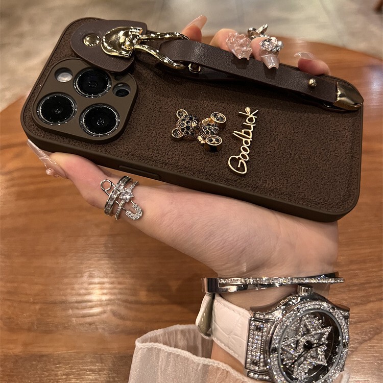 Dark brown leather pattern metal bear wristband for iPhone15Promax mobile phone protective shell New Apple 14
