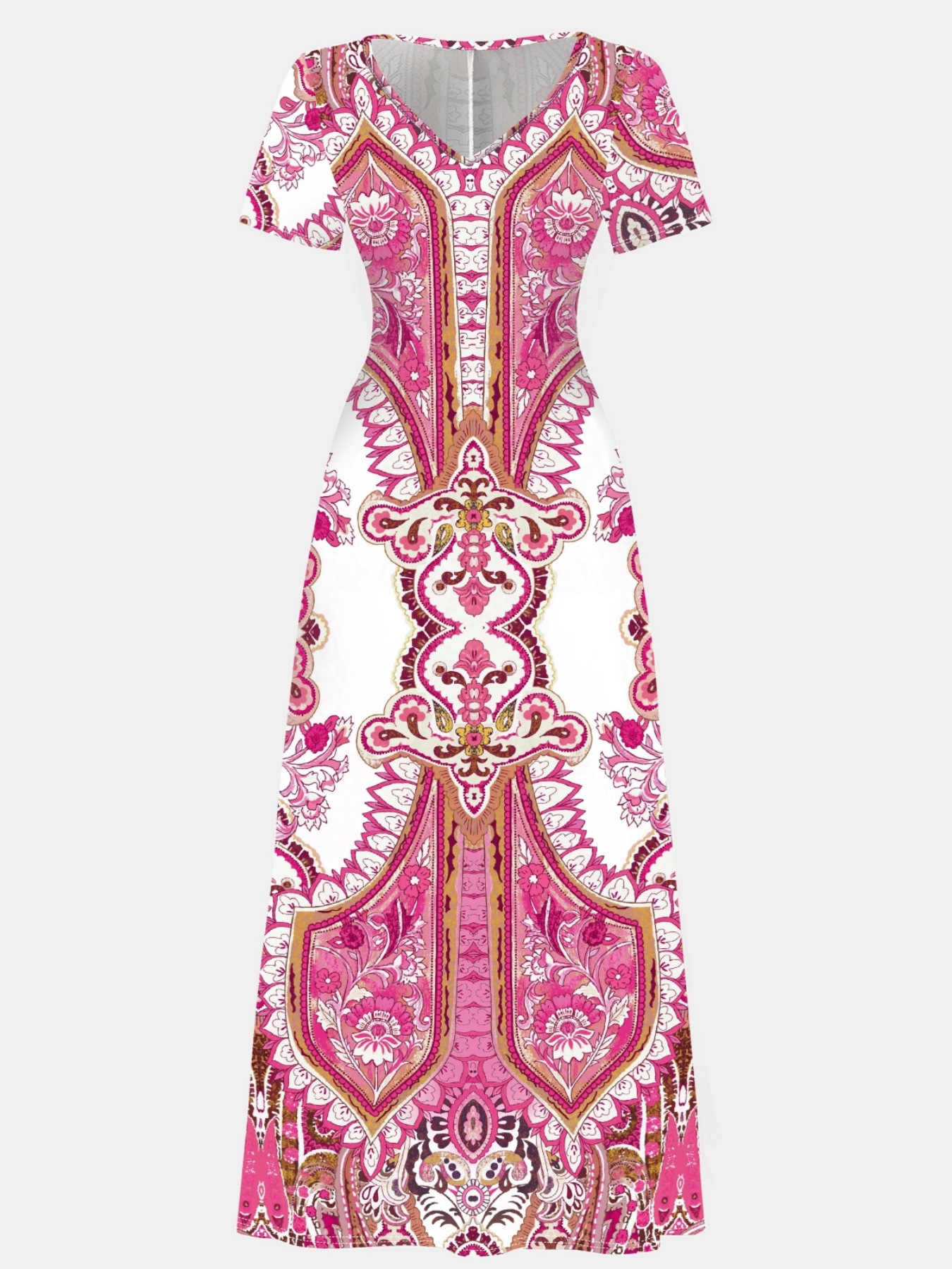 Trendiges Damenmode-Highlight: 3D-Retro-Kleid im Bohème-Stil mit V-Ausschnitt, kurzen Ärmeln und langem Rock – perfekt für den Urlaub._voghion.com