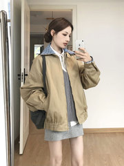 美式复古巴恩风格子拼接工装外套女秋季感宽松翻领开衫夹克潮