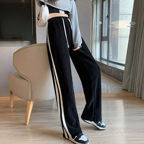 Striped Corduroy Pants for Girls with Fleece Lining, Thickened, Slim Fit Wide Leg Casual, Slimming High-Waisted Straight-Tailored Floor-Length Pants