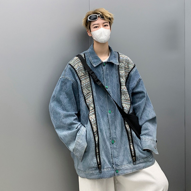 바느질 데님 자켓 대비 색상 남성과 여성의 봄과 가을 민족 요소 느슨한 트렌디 인 복고풍 개인화 된 국경 간 툴링 외관