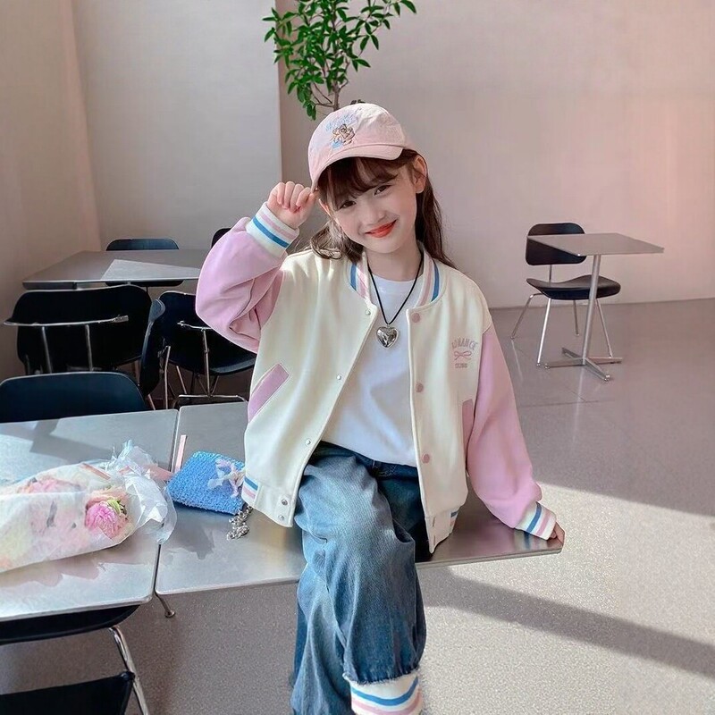 Girls' 2026 Baseball Jacket with Fleece Lining, Spring, Autumn, and Winter Color-Blocking College Style Children's Cardigan Top, Big Kids' Jacket Girls' 2026 Baseball Jacket with Fleece Lining, Spring, Autumn, and Winter Color-Blocking College Style Children's Cardigan Top, Big Kids' Jacket