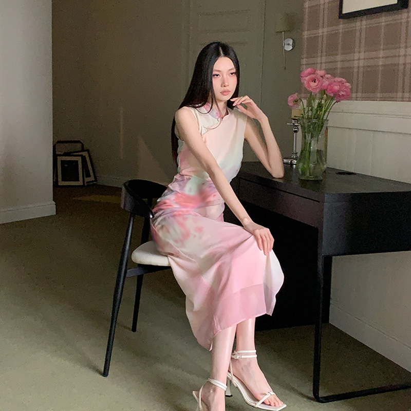 Women's Dress with Unique Design, Sleeveless Stand Collar, Mesh Fabric, Elegant New Chinese Style, National Style Print, Long Cheongsam Dress for Summer