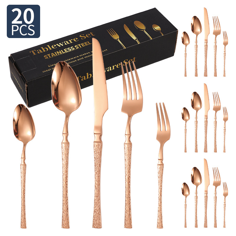 Cuchillos, tenedores y cucharas de acero inoxidable con cintura pequeña transfronteriza Juego de vajilla de acero inoxidable con cuchillo y tenedor de filete dorado, juego de 20/24/30
