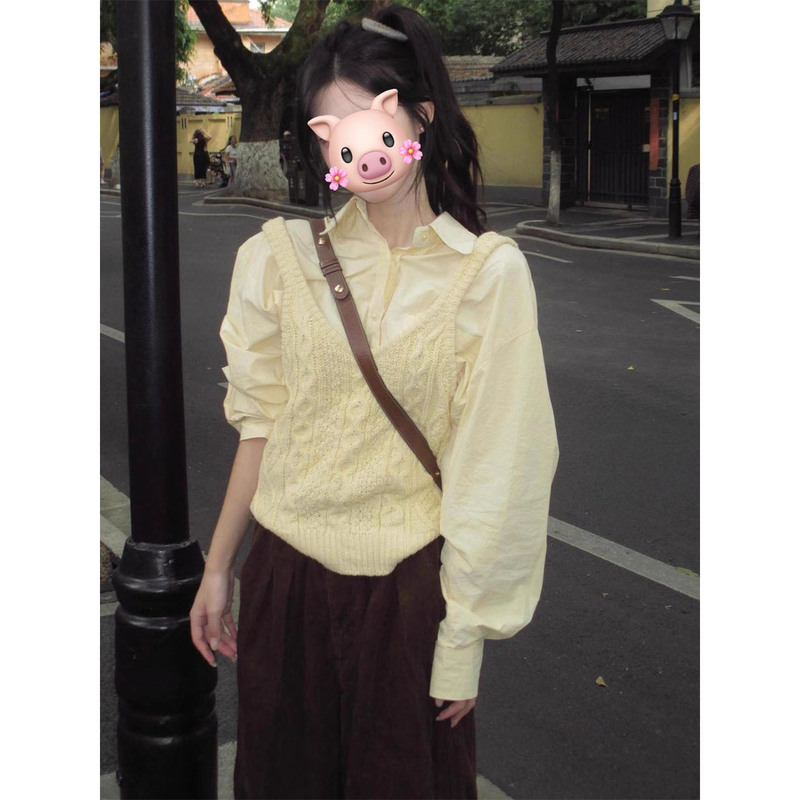 Retro Artistic Style Twisted Knitted Vest Layered with Loose Shirt Women's New Coffee Color Casual Pants Three-Piece Set