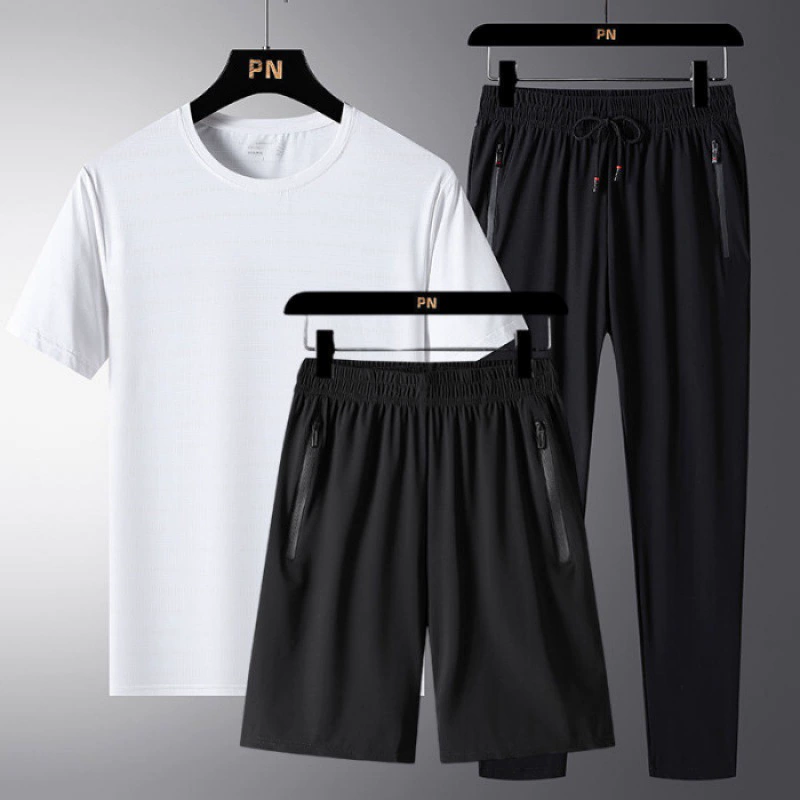 Summer silk thin sports suit for leisure, elastic breathable sports set, plus size, 3 piece set