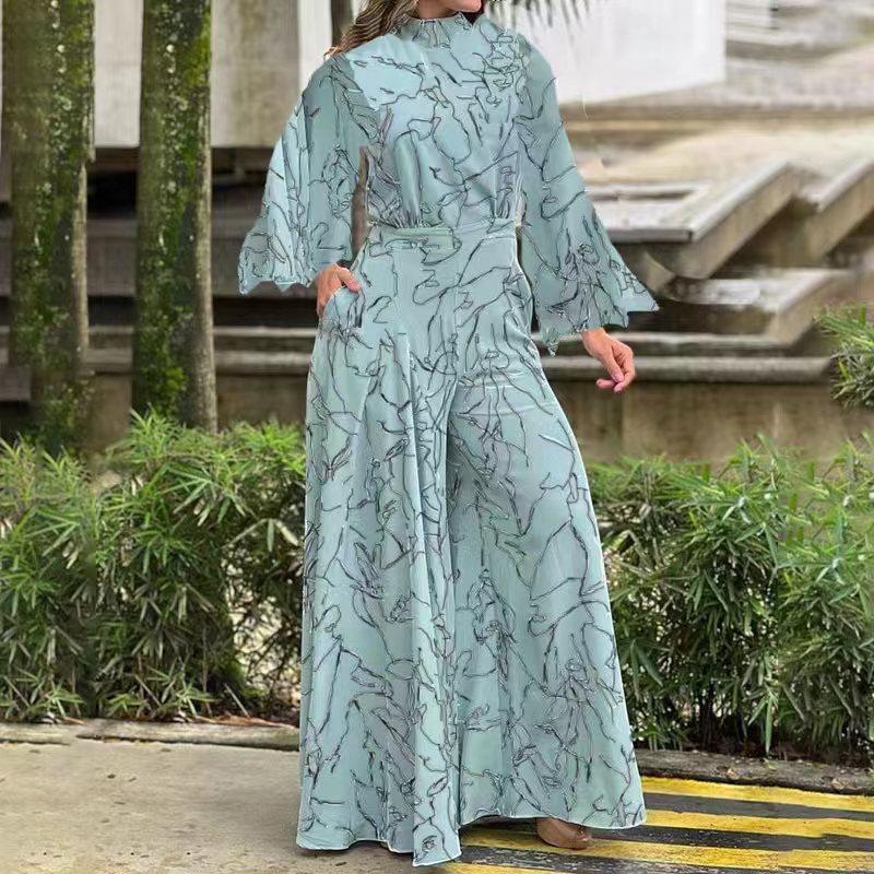 2022 verano europeo y americano ropa de mujer Amazon elegante cintura con cordones de manga larga Halter pantalones impresos mono