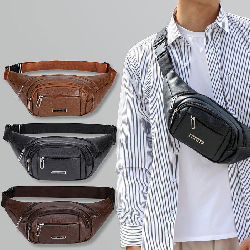 Cross-Border Pu Leather Men's Waist Bag, Large Capacity Multi-Layer Chest Bag, Outdoor Casual Commuting Trendy Versatile Men's Crossbody Bag