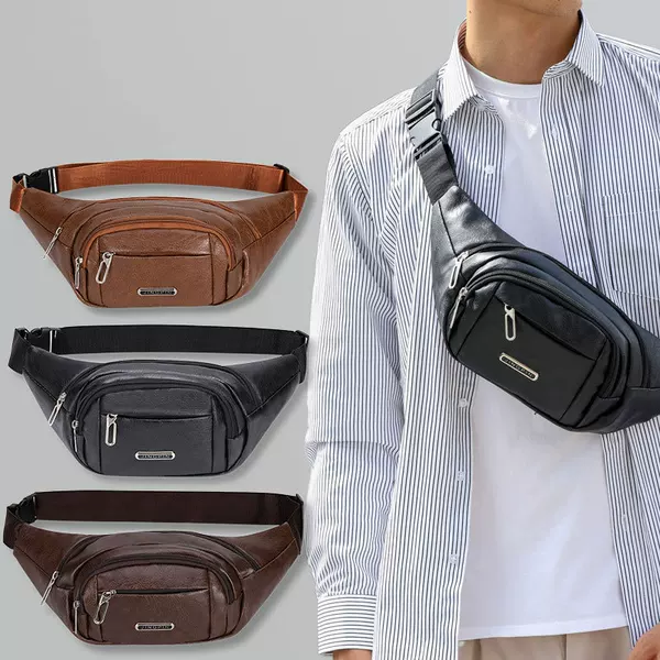 Cross-Border Pu Leather Men's Waist Bag, Large Capacity Multi-Layer Chest Bag, Outdoor Casual Commuting Trendy Versatile Men's Crossbody Bag