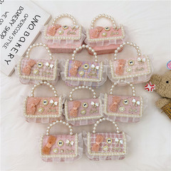 小香風格紋花邊蝴蝶結串珠兒童包單肩斜挎兩用百搭款女孩公主包