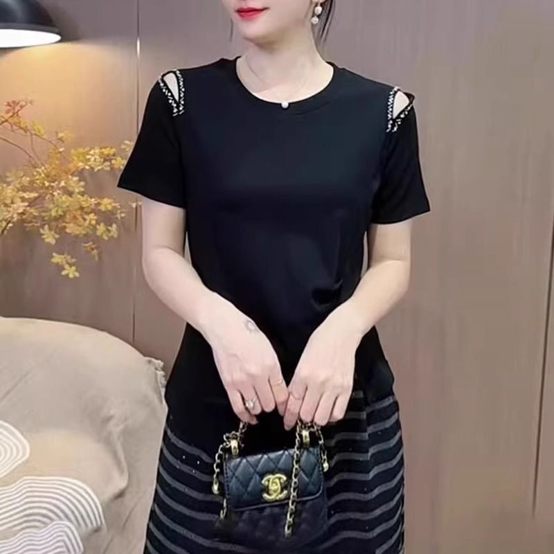 フレンチハイエンドイレギュラーオフショルダートップス夏大きいサイズファットmmシックな着用ルーズカバーTシャツ|undefined
