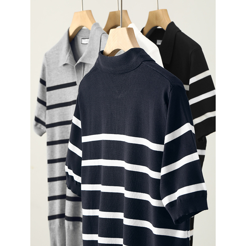 Polo camiseta de punto camiseta de manga corta camiseta de hombre cuello en V gaviota cuello rayas viejas líneas de viento de verano fábrica transfronteriza mayorista