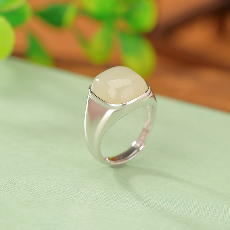 Nhẫn nữ bạc S925 đính ngọc bích Hetian phong cách retro hình vuông, thiết kế mở có thể điều chỉnh — Mở một size