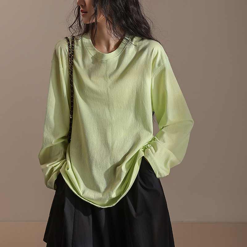 春夏女圆领套头中缝线分割长袖T恤打底上衣宽松休闲韩版MD5143