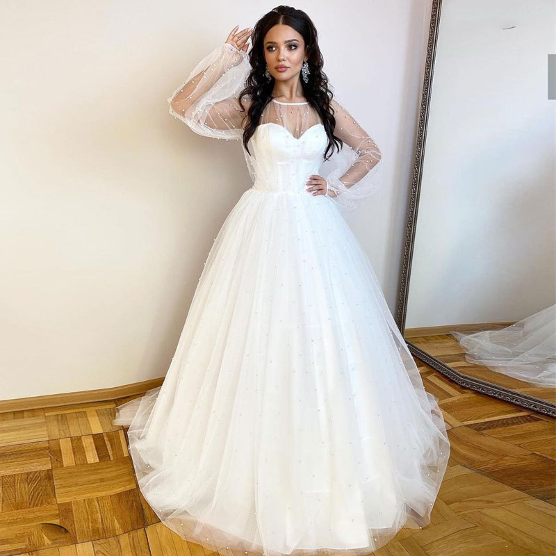 2024 europeo y americano Comercio exterior Amazon AliExpress deseo nuevo vestido de novia vestido de noche perla puff manga cuello redondo vestido de novia