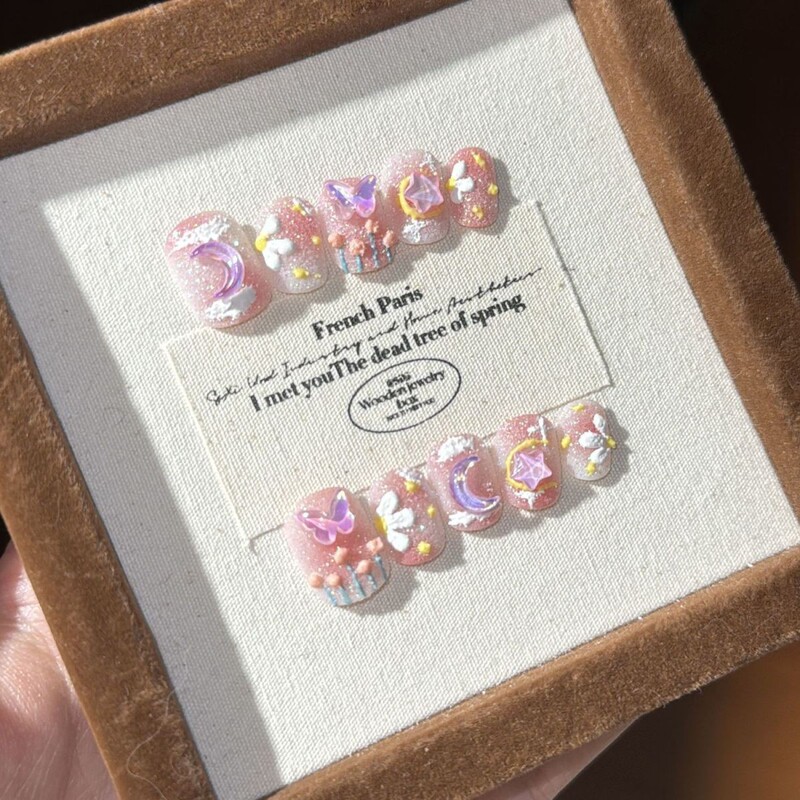 Summer New Style Pure Handmade Wearable Nails, Hand-Painted Oil Painting Style High-Quality Nail Polish, High-End Whitening Dreamy Starry Sky