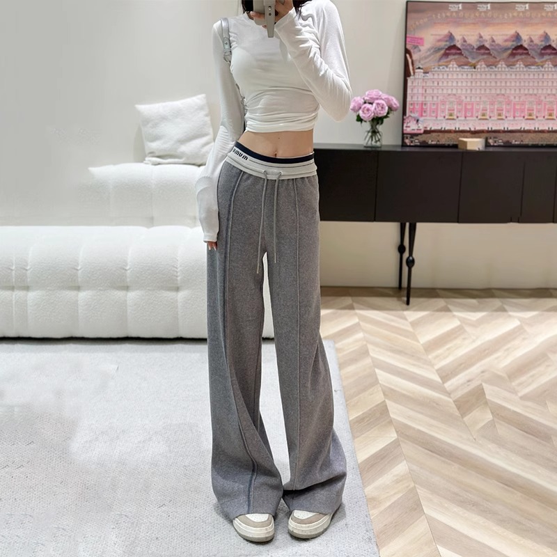 American-Style Wide-Leg Pants for Women, Spring and Autumn 2026 New High-Waisted Drawstring Loose Slimming Versatile Floor-Length Straight Casual Pants
