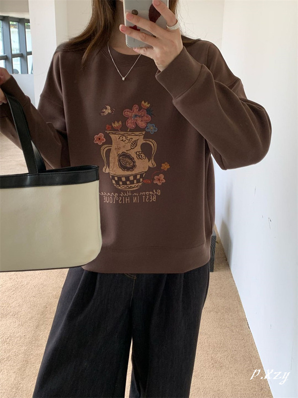 013 慵懒风圆领卫衣女秋季新款薄棉手绘印花宽松休闲女式卫衣百搭|undefined