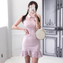 跨境女装2022夏装新款韩版时尚气质优雅显瘦旗袍式鱼尾蕾丝连衣裙
