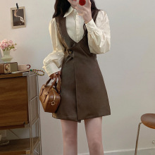 高级感皮裙背心连衣裙+纯色衬衫女2025年春秋季新款韩版时尚套装