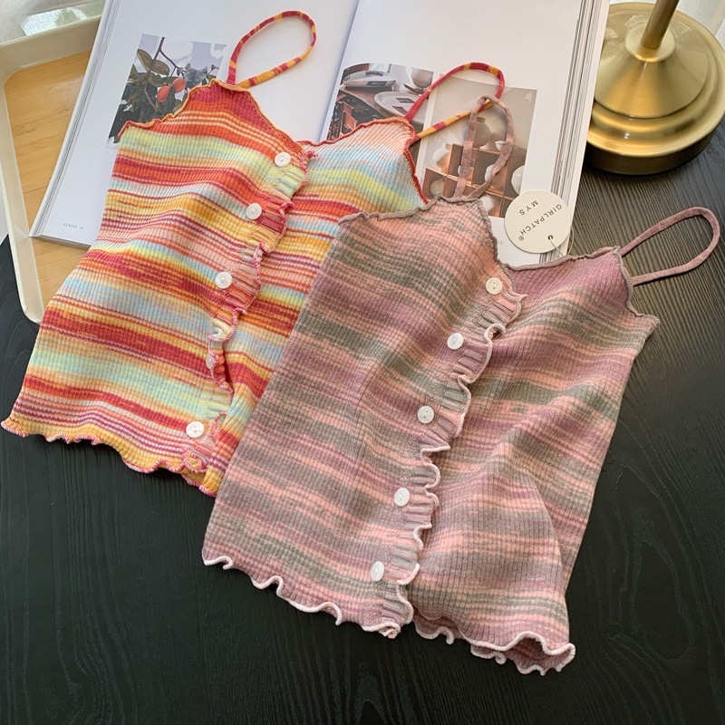 2024 Women's Small Strappy Tank Top Summer Outerwear Sweet and Spicy Knitted Colorful Striped Hot Girl Outfit Sweet and Cool Top