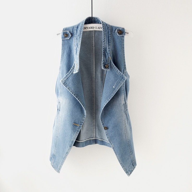Women's Denim Vest Spring Summer New Slim Fit Solid Color Back Waist Button Sleeveless Top Trendy Vest