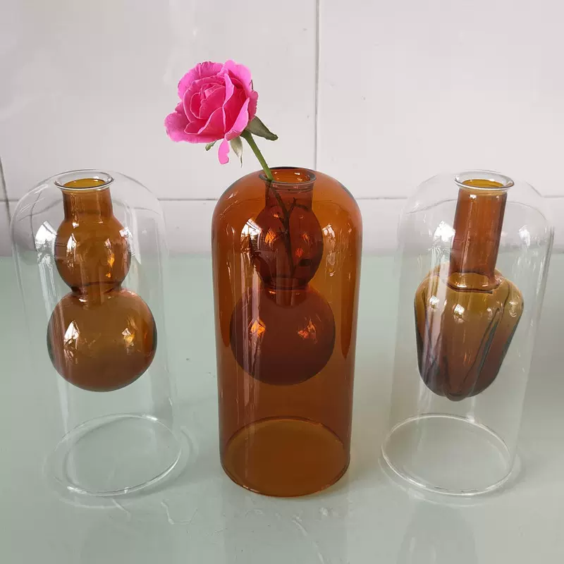 北欧创意玻璃花瓶简约透明水培鲜花插画花瓶客厅家居装饰摆件