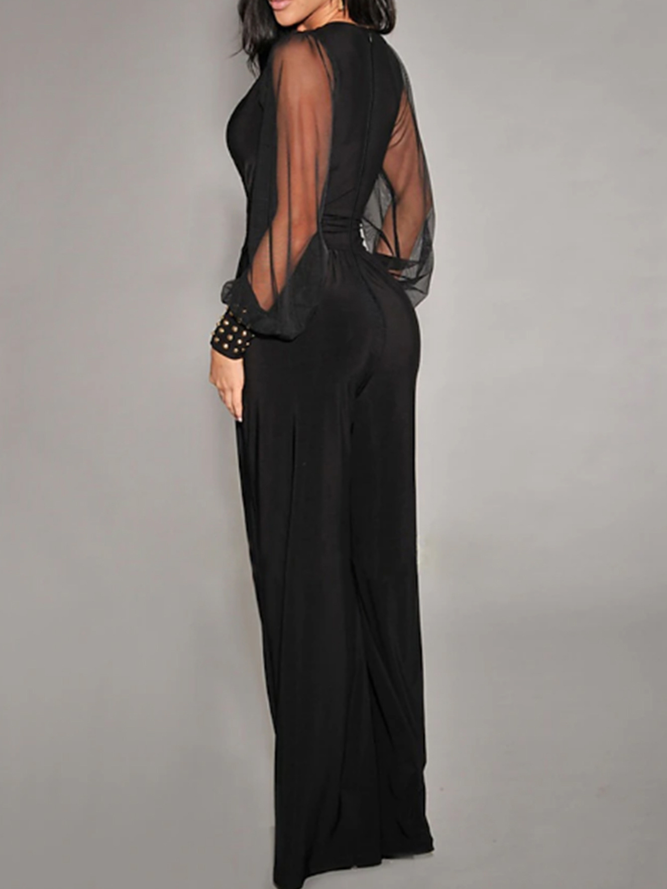 2024 transfronterizo Amazon mujer V-collar hilo de malla remaches de costura manga larga cintura recta pantalon elegante image 3