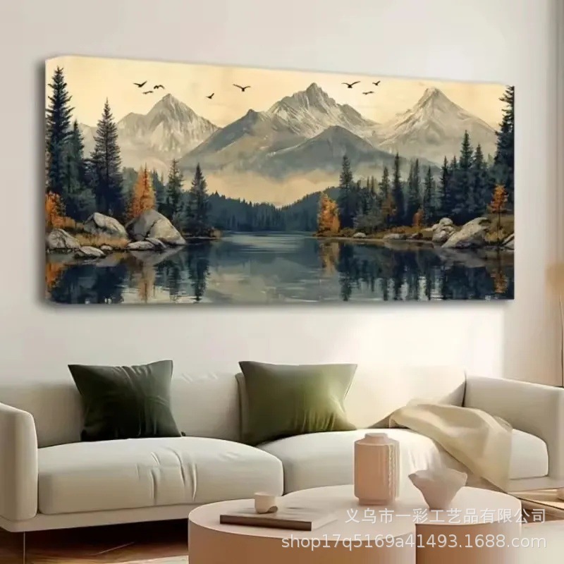 Pintura decorativa de paisaje estilo retro al óleo, impresión en lienzo horizontal de lujo nórdico para sala de estar, arte de pared con temática natural. image 4