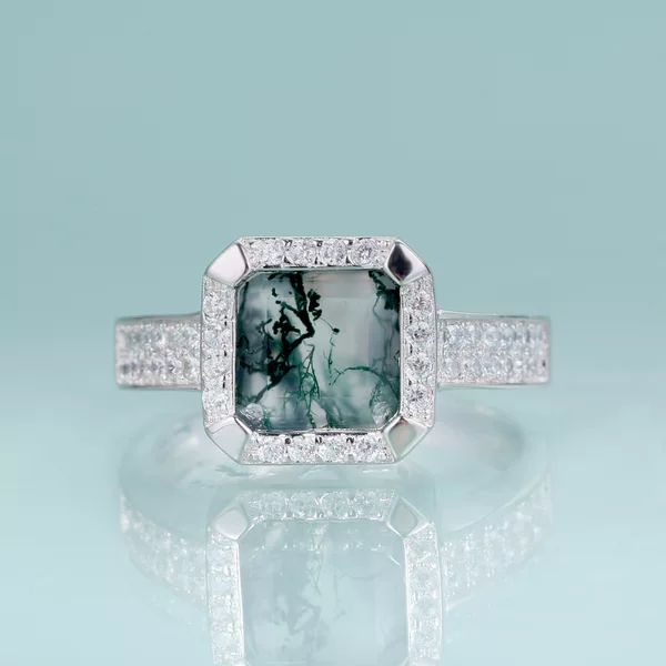 Trendy Natural Aquagra Agate Ring s925 Sterling Silver Square 2.7 karat Green Moss Gemstone Ring for Men