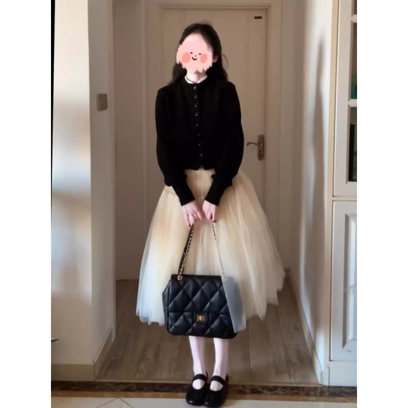 女性のためのスーツ 2025 春韓国スタイル年齢軽減長袖黒ニットセータートップハイウエストメッシュふわふわスカート|undefined