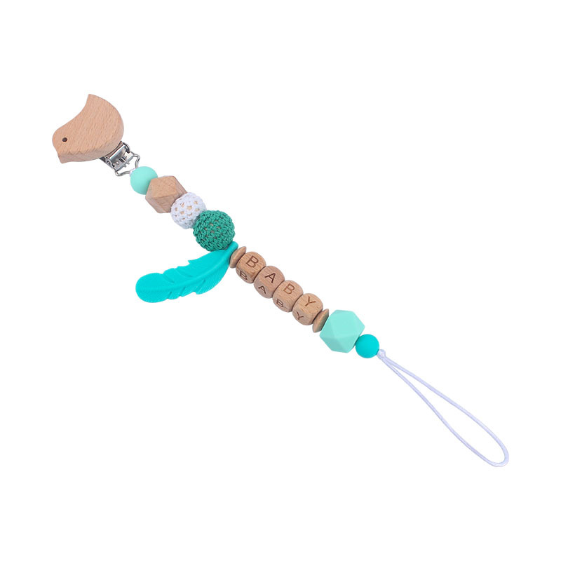 Nuevo DIY nombre del bebé calmante silicona pluma chupete anti-gota cadena bebé juguete haya animal chupete clip