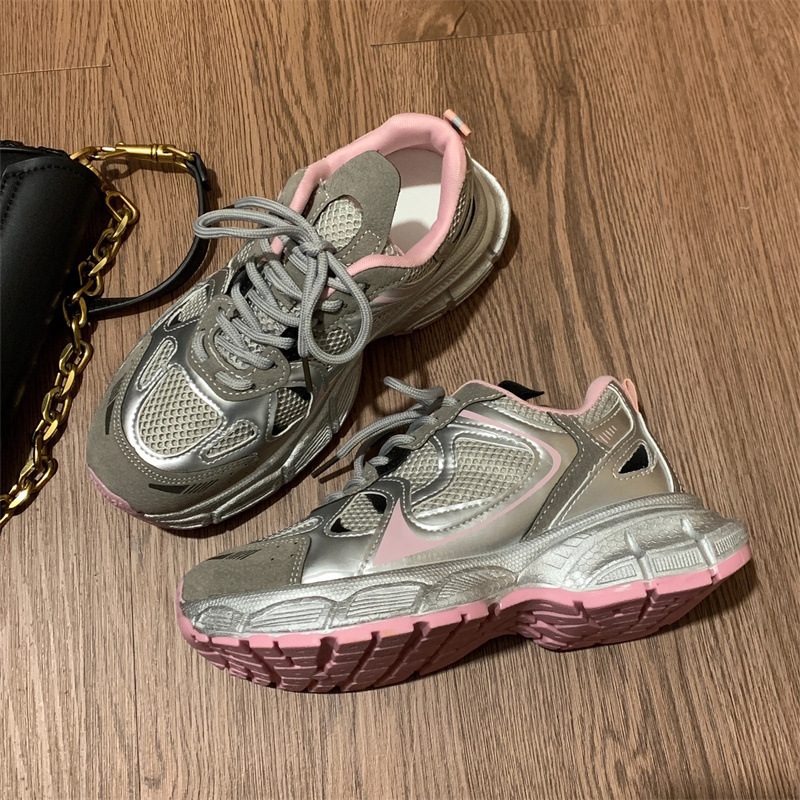 Women's Thick-Soled Height-Increasing Dad Shoes 2024 Silver Breathable Mesh Women's Shoes Lightweight Sports Casual Shoes Breathable Model_voghion.com