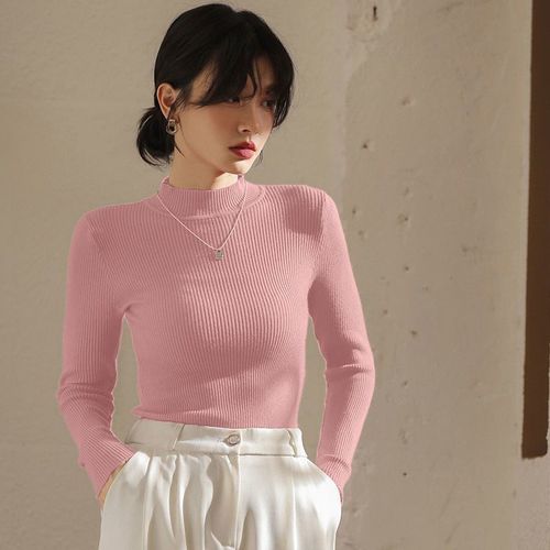 Long-sleeved turtleneck knit top, unisex, pure color, Korean style, semi-high collar, slim fit, women's outerwear.