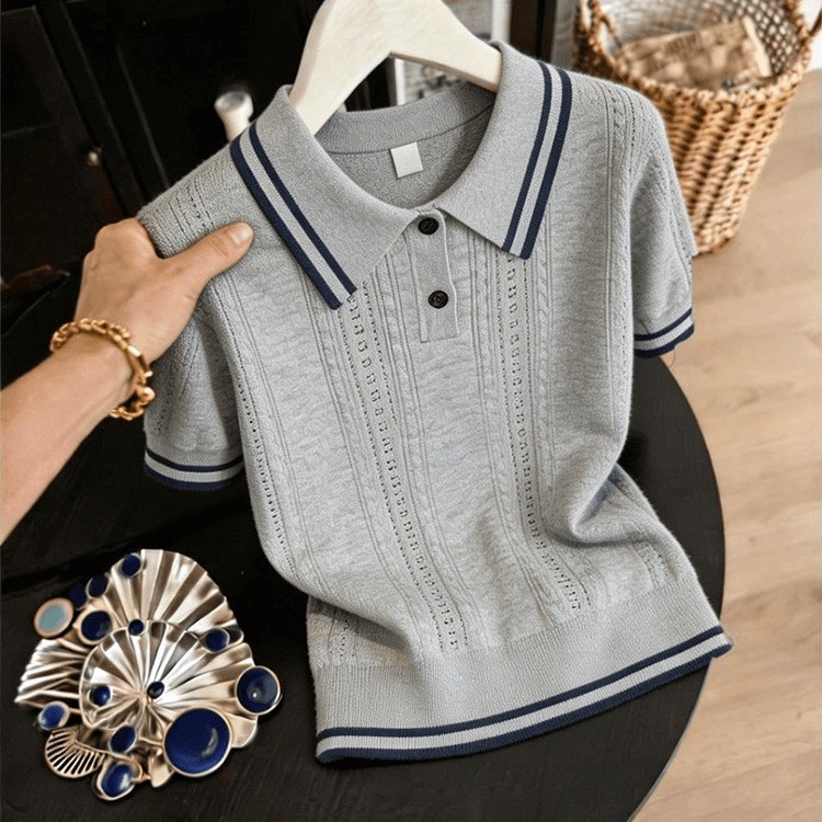 Áo thun nữ cổ polo phối màu tay ngắn phong cách Hàn Quốc — màu trắng chi tiết 2