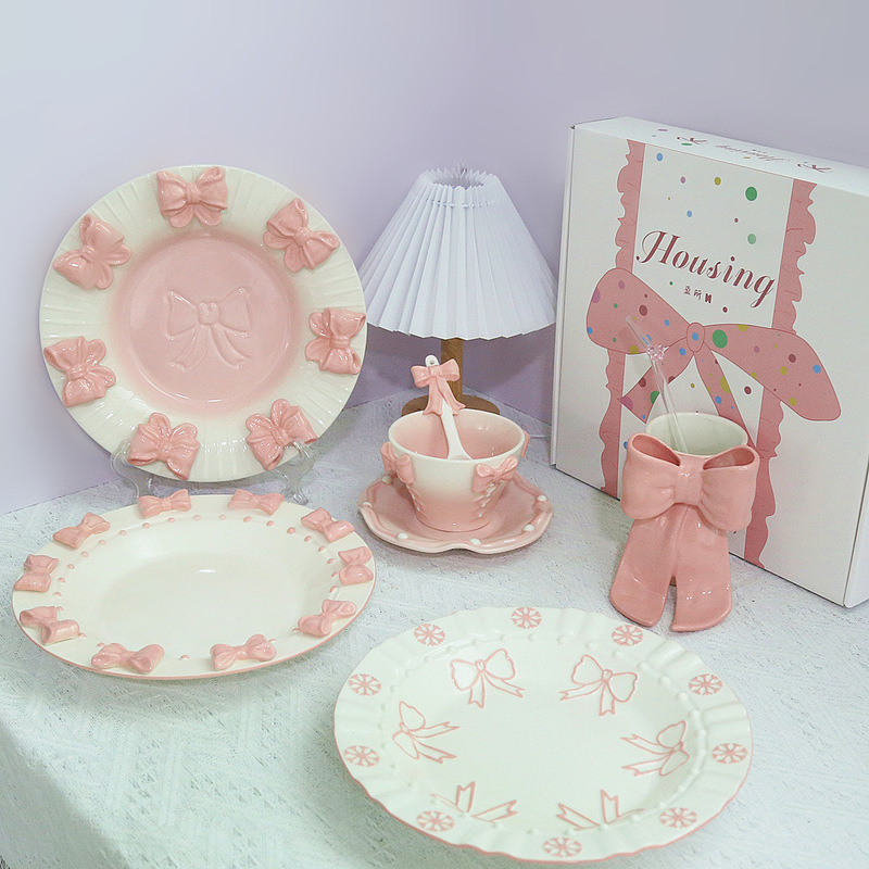 Little Princess Bow Tableware Set Ceramic Plate Household Rice Bowl Dessert Fruit Plate Breakfast Plate Ins Cute Little Princess Bow Tableware Set Ceramic Plate Household Rice Bowl Dessert Fruit Plate Breakfast Plate Ins Cute