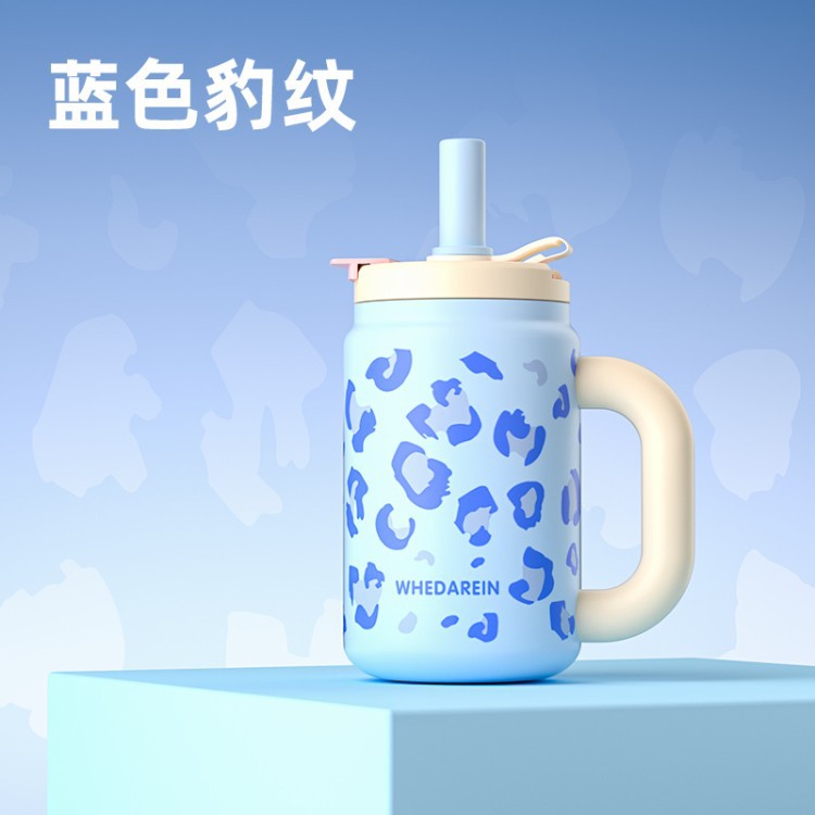 Taza de hielo de leopardo de gran capacidad 316 taza de acero inoxidable taza de agua de alto valor para hombres y mujeres taza de paja con mango taza