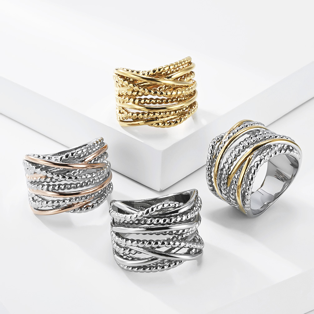 Cross-Border Amazon Bestseller Multi-Strand Twisted Braided Titanium Steel Ring for Women, Gold-Plated, Niche Premium Feel, Elegant Band