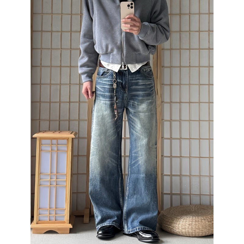 Deep Sea Blue A-line Loose Straight Jeans 14oz with 3D Cat Whiskers and Honeycomb Pattern, Versatile Commuting Pants for Men Deep Sea Blue A-line Loose Straight Jeans 14oz with 3D Cat Whiskers and Honeycomb Pattern, Versatile Commuting Pants for Men