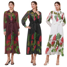 法式田园风小清新涂鸦设计彩色印花收腰连衣裙灯笼袖甜美衬衫裙