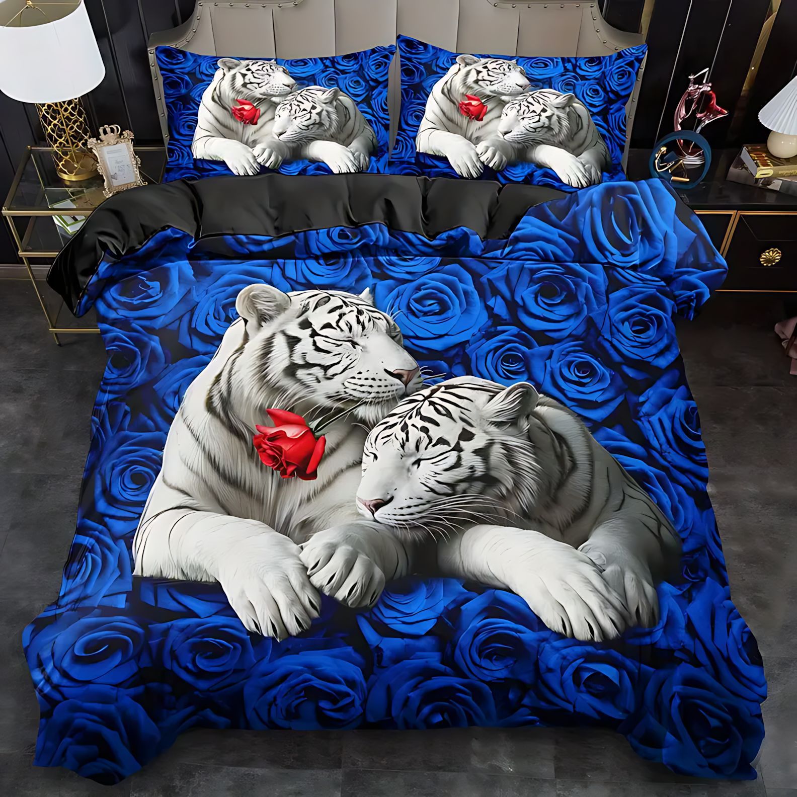 TEMU / JIT transfronterizo majestuoso tigre impresión digital HD colcha suave funda de almohada set de ropa de cama