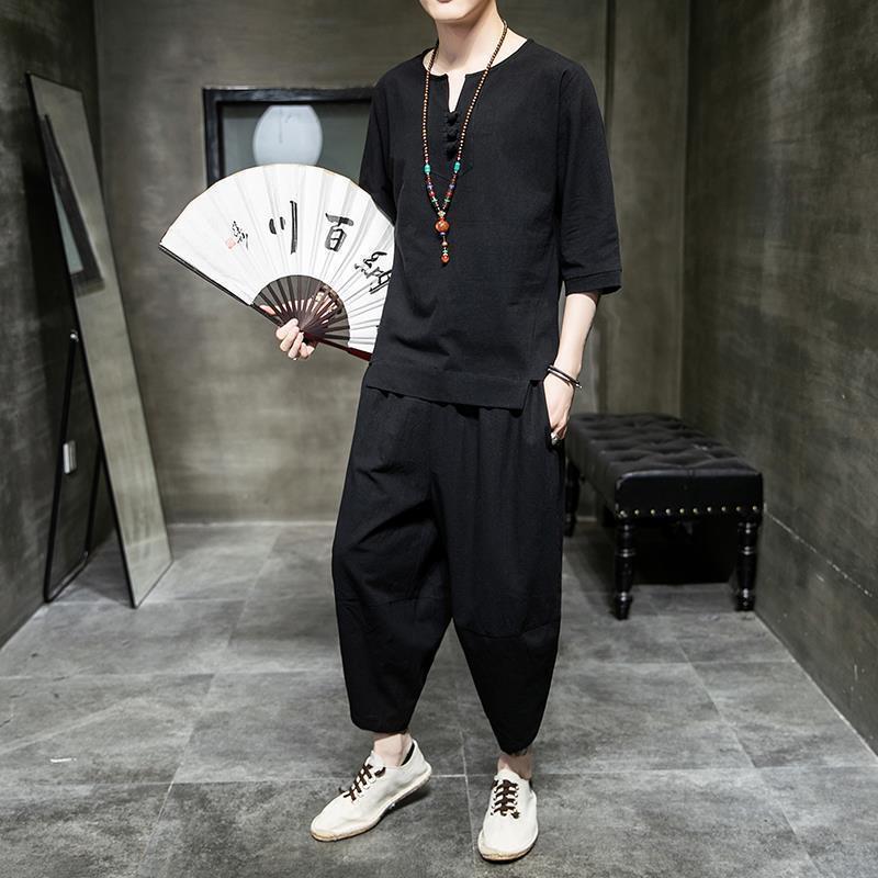 Men's Spring and Summer Chinese Style Retro Tang Suit Men's Short-sleeved T-shirt suit Loose plus size Hanfu Two-piece Men's Clothing