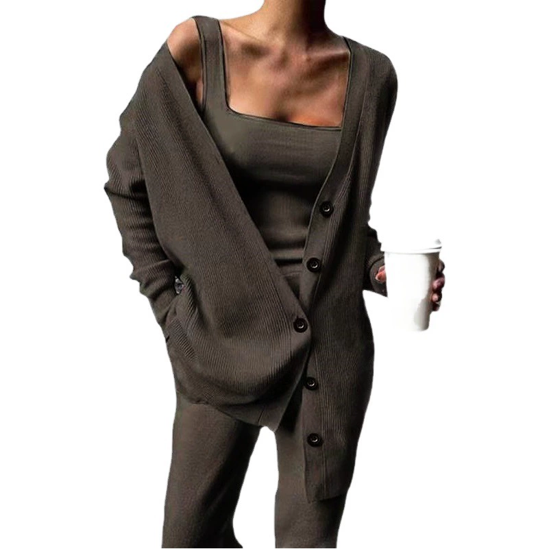 Европейский и американский вязаный комплект-тройка для женщин, весна-осень 2025, новинка для трансграничной торговли на Amazon, европейская и американская модная куртка, жилет, брюки