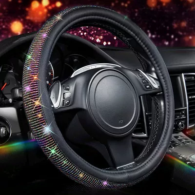 Source Factory Cross-Border Rhinestone-Embellished Leather Steering Wheel Cover Amazon Hot-Selling Rhinestone Car Steering Wheel Cover with Inner Ring and Rhinestones (Steering wheel cover) - ab-color-38cm