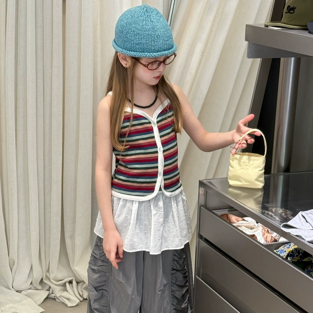 Летняя майка для девочек 2025 в корейском стиле, разноцветная полосатая футболка, модный универсальный топ для девочек